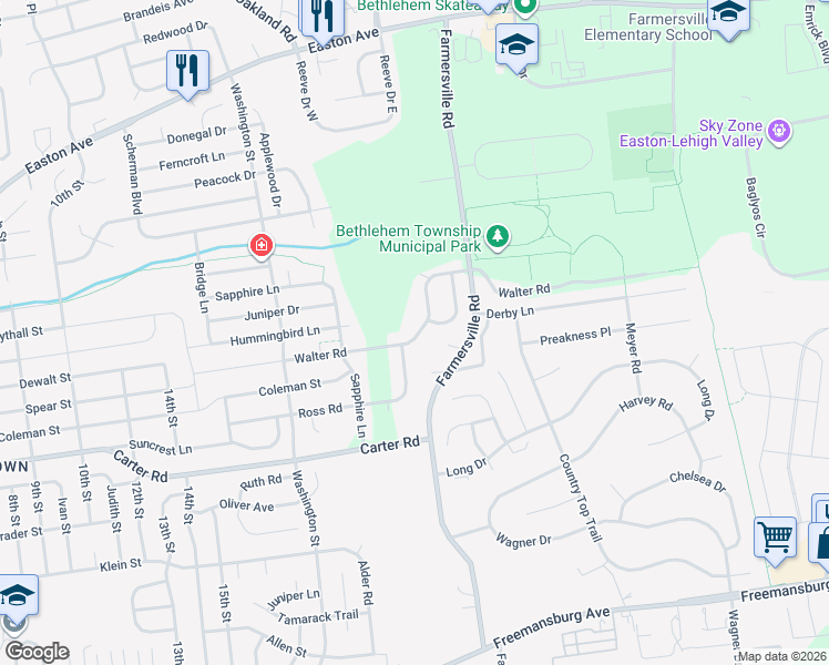 map of restaurants, bars, coffee shops, grocery stores, and more near 4153 Walter Road in Bethlehem