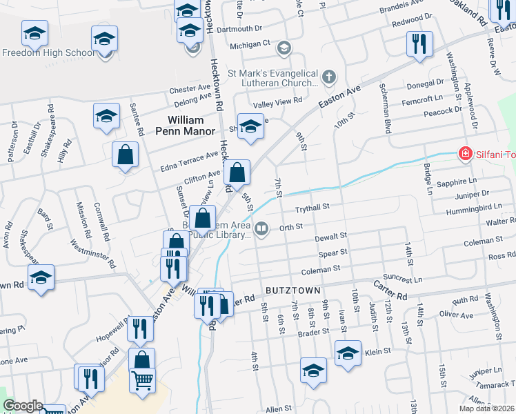 map of restaurants, bars, coffee shops, grocery stores, and more near 2855 7th Street in Bethlehem