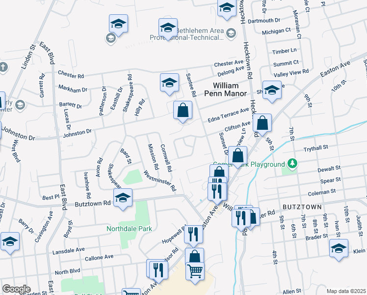 map of restaurants, bars, coffee shops, grocery stores, and more near 2980 Clifton Avenue in Bethlehem