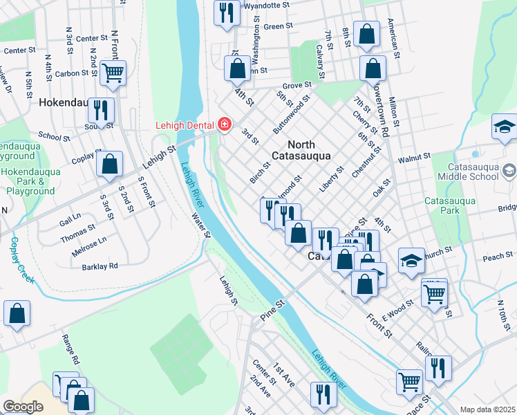 map of restaurants, bars, coffee shops, grocery stores, and more near 1021 Front Street in Catasauqua
