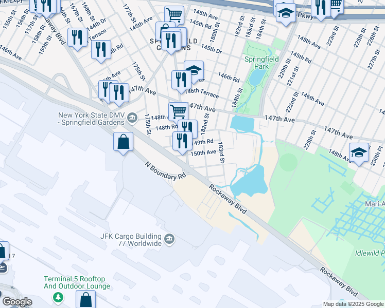 map of restaurants, bars, coffee shops, grocery stores, and more near 150th Avenue in Queens