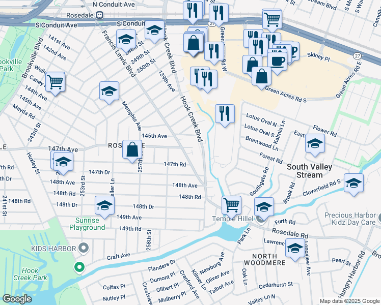 map of restaurants, bars, coffee shops, grocery stores, and more near 258-31 Francis Lewis Boulevard in Queens