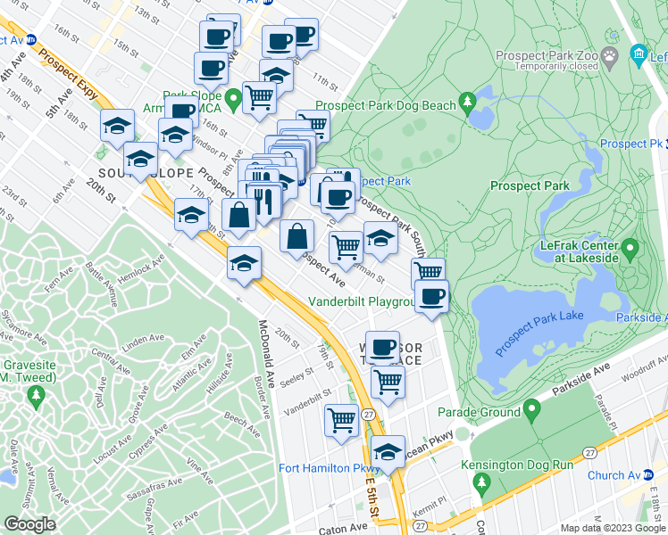 map of restaurants, bars, coffee shops, grocery stores, and more near 575 Prospect Avenue in Brooklyn