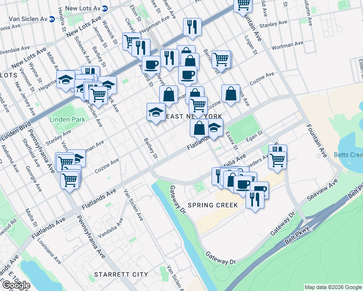 map of restaurants, bars, coffee shops, grocery stores, and more near 12421 Flatlands Avenue in Brooklyn