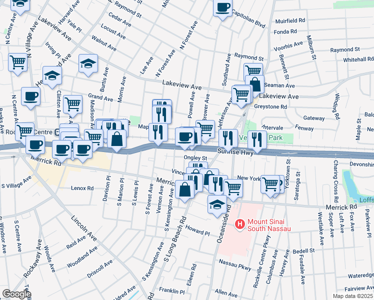map of restaurants, bars, coffee shops, grocery stores, and more near 488 Sunrise Highway in Rockville Centre