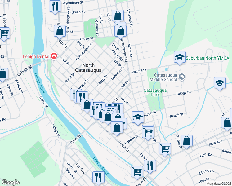 map of restaurants, bars, coffee shops, grocery stores, and more near 408 Pine Street in Catasauqua