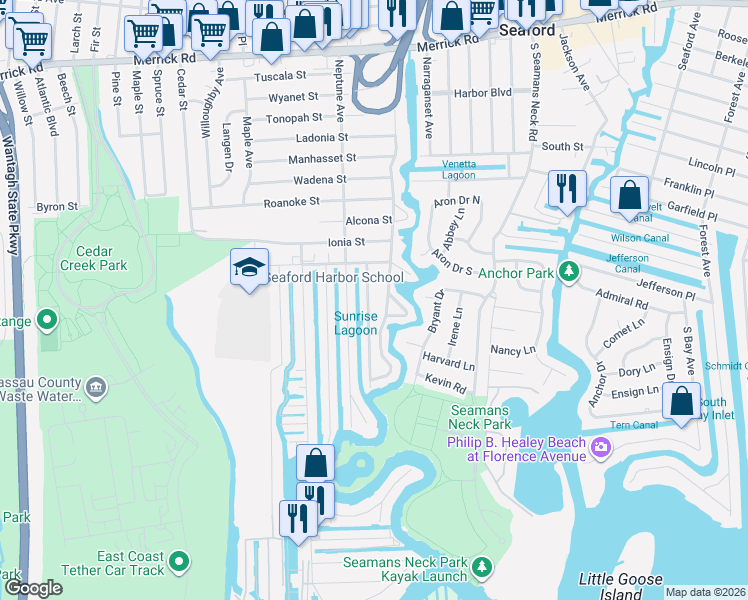 map of restaurants, bars, coffee shops, grocery stores, and more near 2561 Riverside Avenue in Seaford