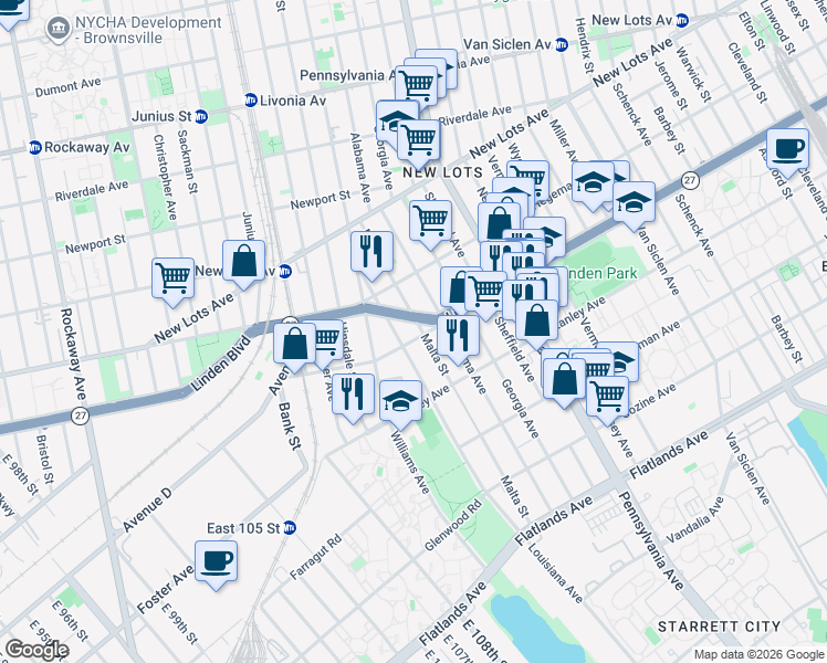 map of restaurants, bars, coffee shops, grocery stores, and more near 1824 Linden Boulevard in Brooklyn