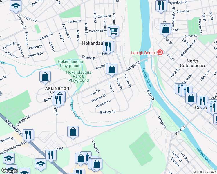 map of restaurants, bars, coffee shops, grocery stores, and more near 3213 South 3rd Street in Hokendauqua