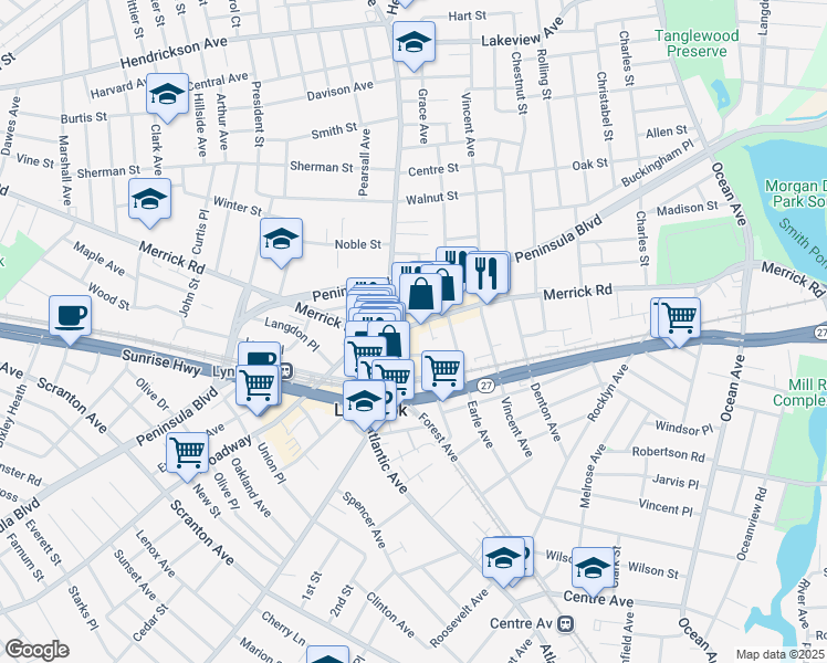 map of restaurants, bars, coffee shops, grocery stores, and more near 264 Merrick Road in Lynbrook