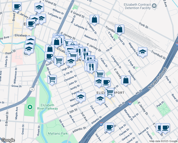map of restaurants, bars, coffee shops, grocery stores, and more near 648 1st Avenue in Elizabeth