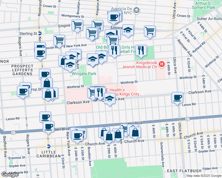 map of restaurants, bars, coffee shops, grocery stores, and more near 560 Winthrop Street in Brooklyn