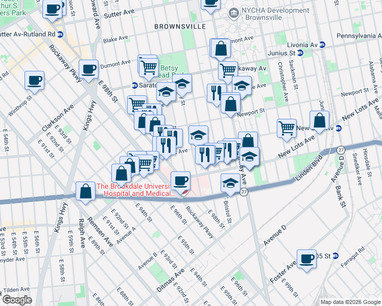 map of restaurants, bars, coffee shops, grocery stores, and more near 75 Lott Avenue in Brooklyn