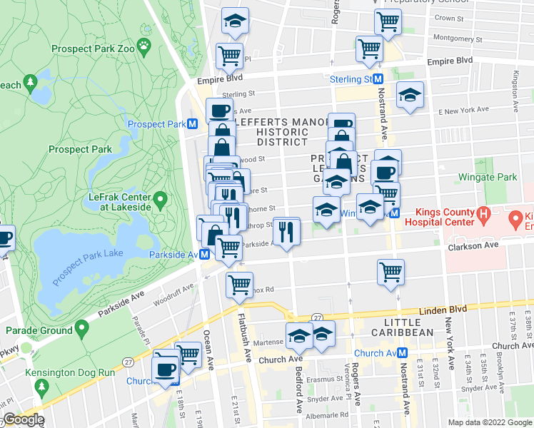map of restaurants, bars, coffee shops, grocery stores, and more near 75 Hawthorne Street in Brooklyn