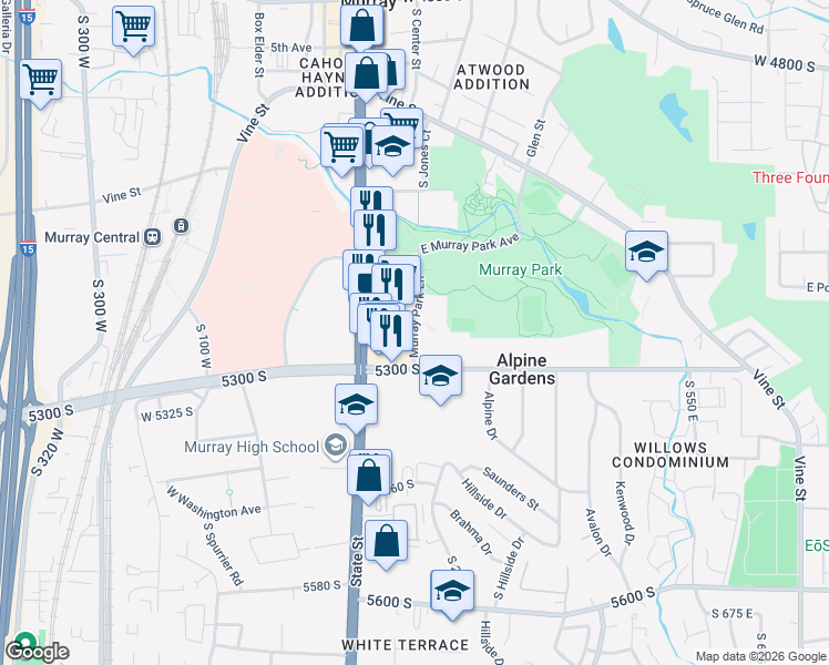 map of restaurants, bars, coffee shops, grocery stores, and more near 5934 Murray Park Lane in Murray