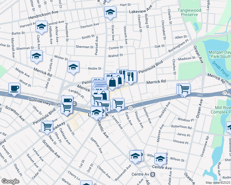 map of restaurants, bars, coffee shops, grocery stores, and more near 264 Merrick Road in Lynbrook