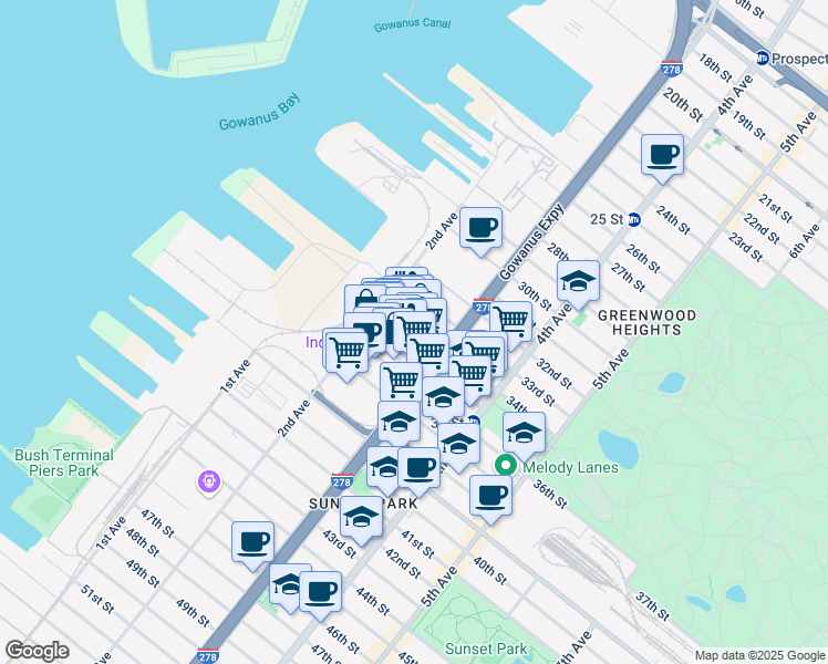 map of restaurants, bars, coffee shops, grocery stores, and more near 68 34th Street in Brooklyn