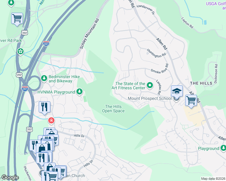 map of restaurants, bars, coffee shops, grocery stores, and more near 22 Encampment Drive in Bedminster