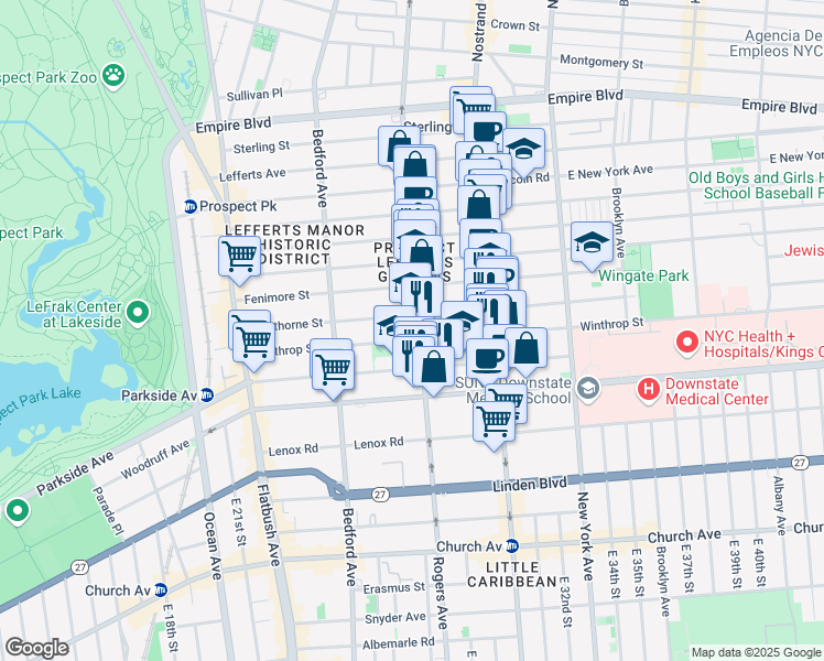 map of restaurants, bars, coffee shops, grocery stores, and more near 583 Rogers Avenue in Brooklyn