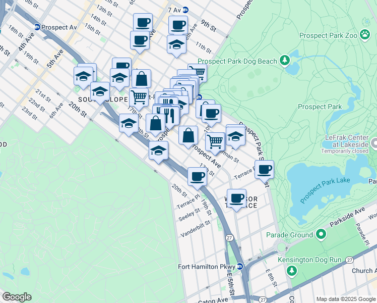 map of restaurants, bars, coffee shops, grocery stores, and more near 557 17th Street in Brooklyn