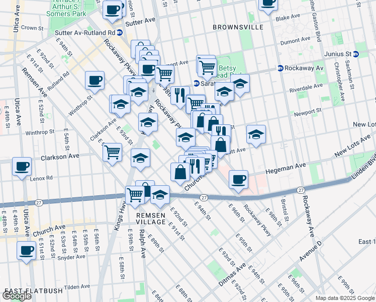 map of restaurants, bars, coffee shops, grocery stores, and more near 425 East 96th Street in Brooklyn