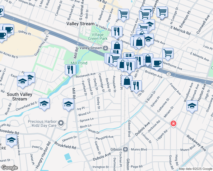 map of restaurants, bars, coffee shops, grocery stores, and more near 96 Berkley Street in Valley Stream