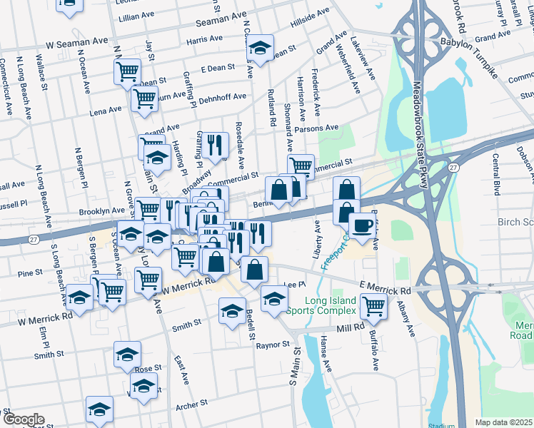 map of restaurants, bars, coffee shops, grocery stores, and more near 19 South Columbus Avenue in Freeport
