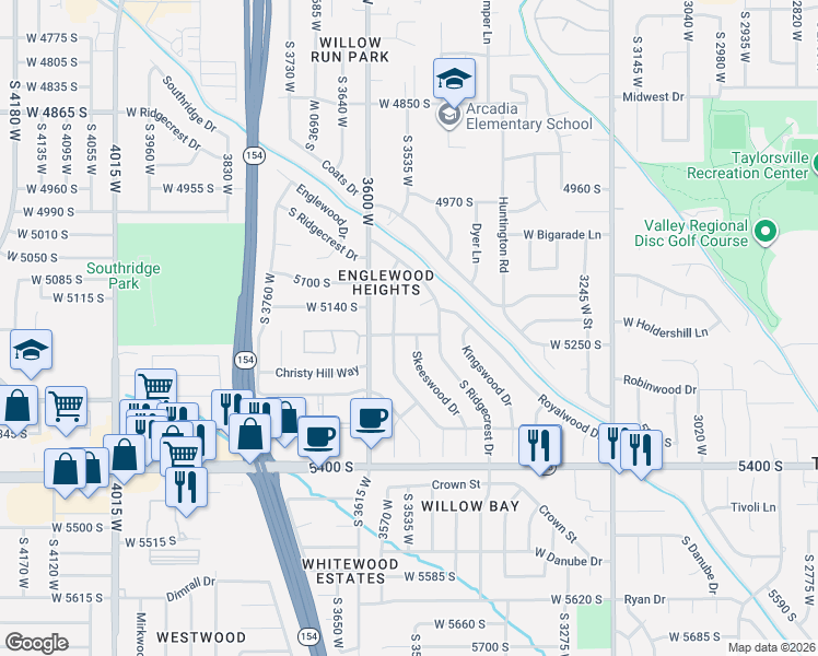 map of restaurants, bars, coffee shops, grocery stores, and more near 3536 West Churchwood Drive in Salt Lake City