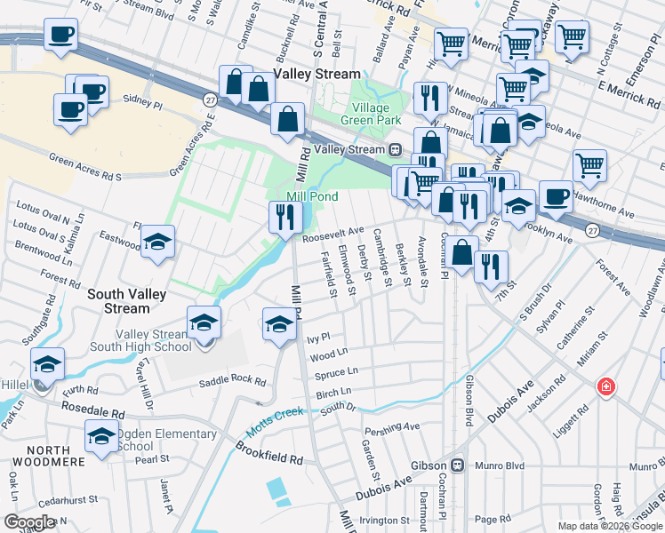 map of restaurants, bars, coffee shops, grocery stores, and more near 93 Elmwood Street in Valley Stream
