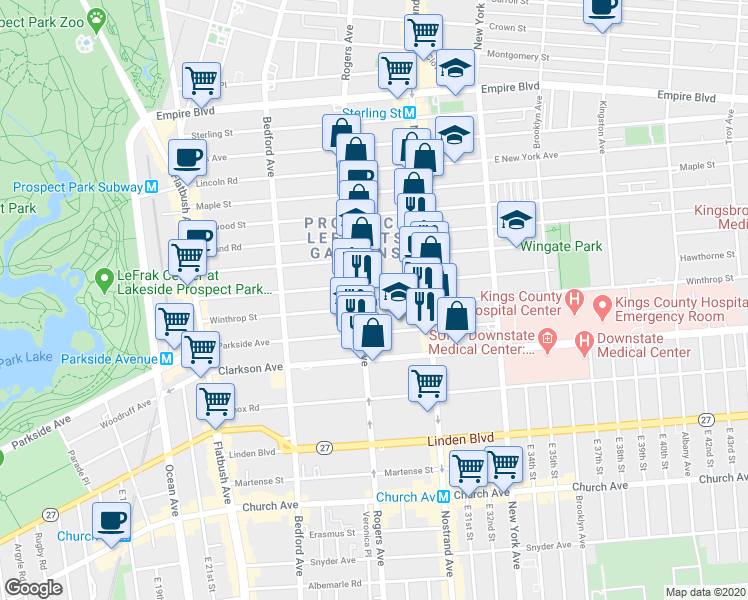 map of restaurants, bars, coffee shops, grocery stores, and more near 583 Rogers Avenue in Brooklyn