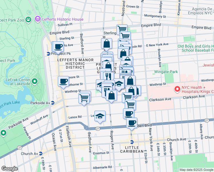 map of restaurants, bars, coffee shops, grocery stores, and more near 583 Rogers Avenue in Brooklyn
