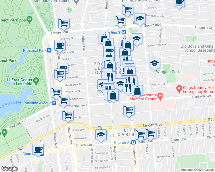 map of restaurants, bars, coffee shops, grocery stores, and more near 583 Rogers Avenue in Brooklyn