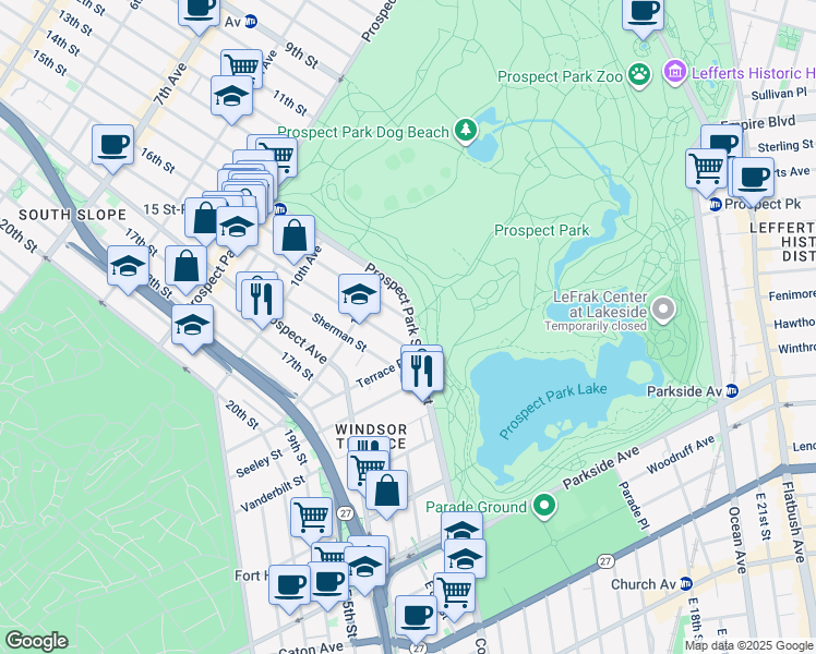 map of restaurants, bars, coffee shops, grocery stores, and more near 105 Prospect Park Southwest in Brooklyn