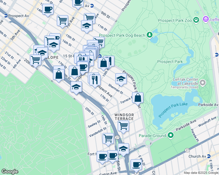 map of restaurants, bars, coffee shops, grocery stores, and more near 22 Sherman Street in Brooklyn