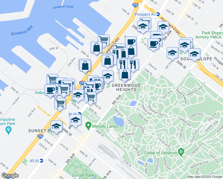 map of restaurants, bars, coffee shops, grocery stores, and more near 192 29th Street in Brooklyn