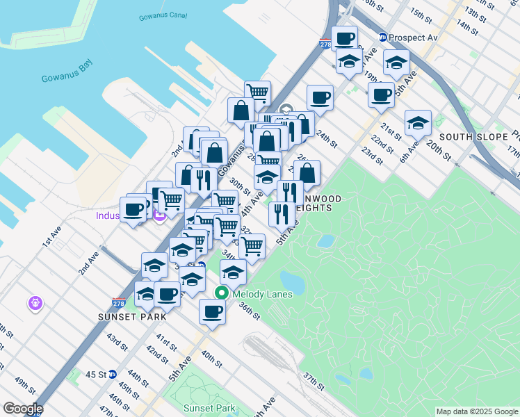 map of restaurants, bars, coffee shops, grocery stores, and more near 833 4th Avenue in Brooklyn