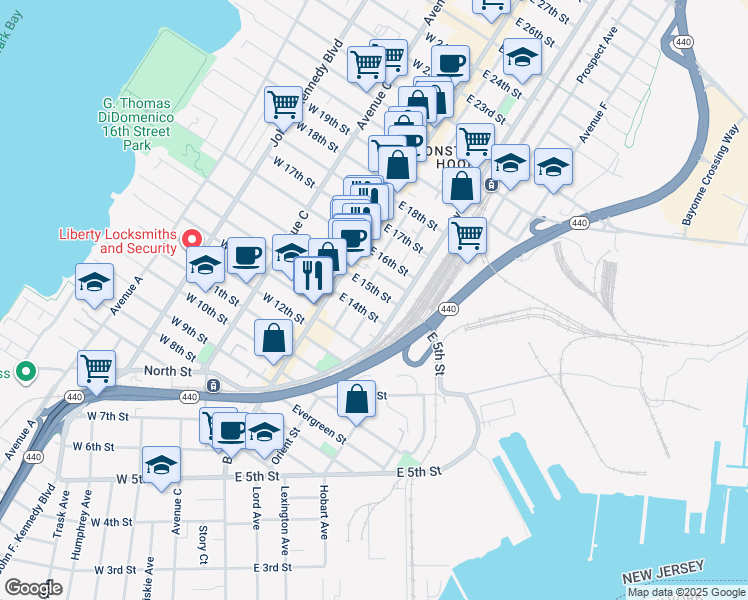 map of restaurants, bars, coffee shops, grocery stores, and more near 22 East 15th Street in Bayonne