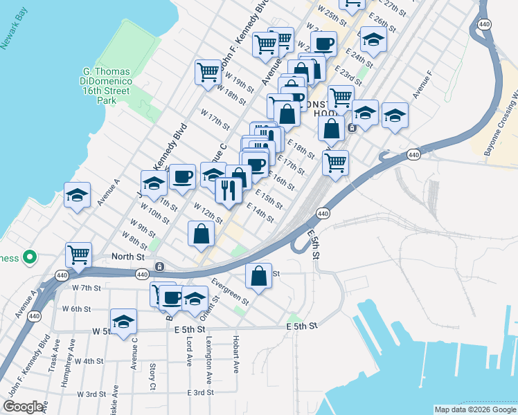map of restaurants, bars, coffee shops, grocery stores, and more near 22 East 15th Street in Bayonne