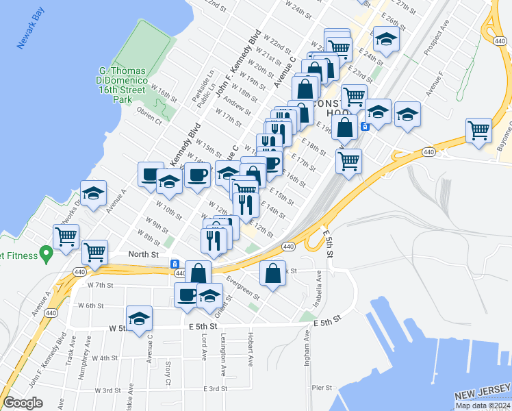 map of restaurants, bars, coffee shops, grocery stores, and more near 309 Broadway in Bayonne