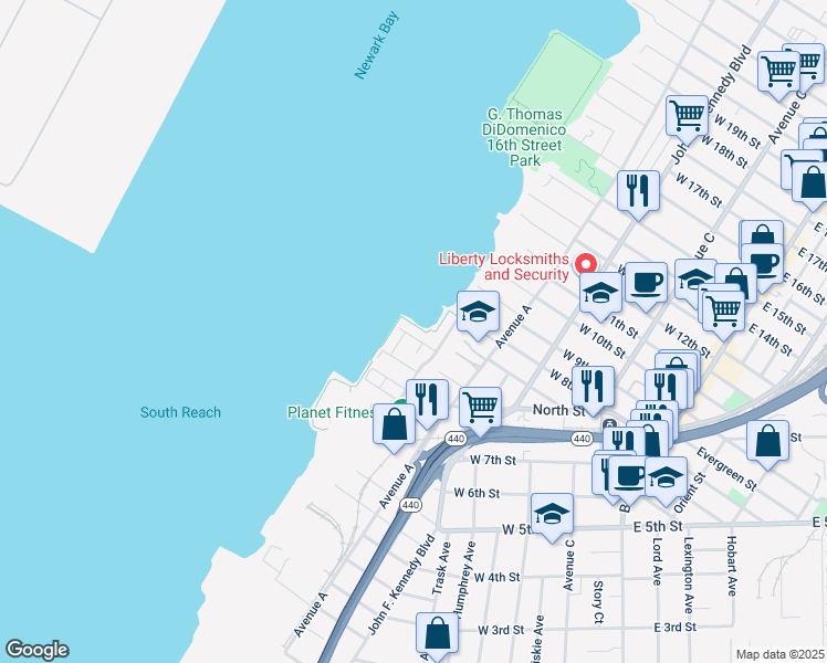 map of restaurants, bars, coffee shops, grocery stores, and more near 23 Bayside Drive in Bayonne