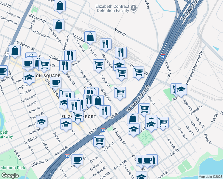 map of restaurants, bars, coffee shops, grocery stores, and more near 509 South Park Street in Elizabeth