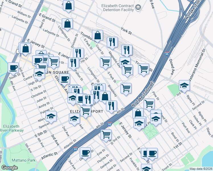 map of restaurants, bars, coffee shops, grocery stores, and more near 532 Broadway in Elizabeth