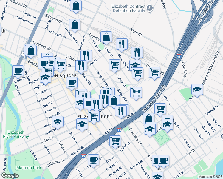 map of restaurants, bars, coffee shops, grocery stores, and more near 532 Broadway in Elizabeth