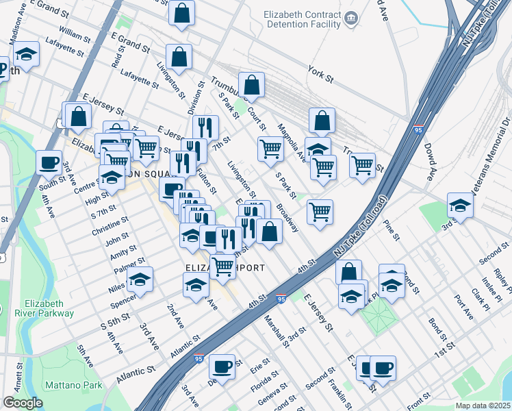 map of restaurants, bars, coffee shops, grocery stores, and more near 548 Livingston Street in Elizabeth