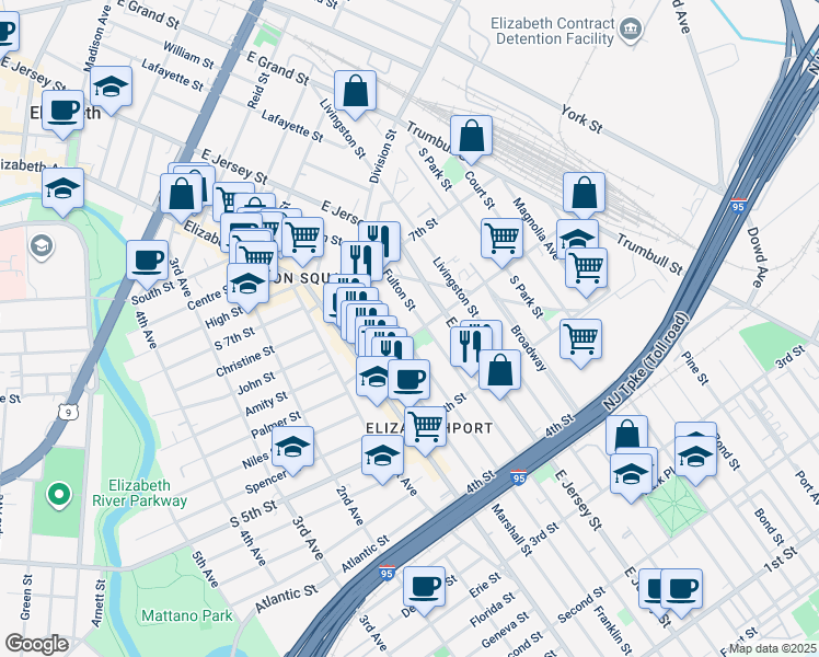 map of restaurants, bars, coffee shops, grocery stores, and more near 601 Fulton Street in Elizabeth