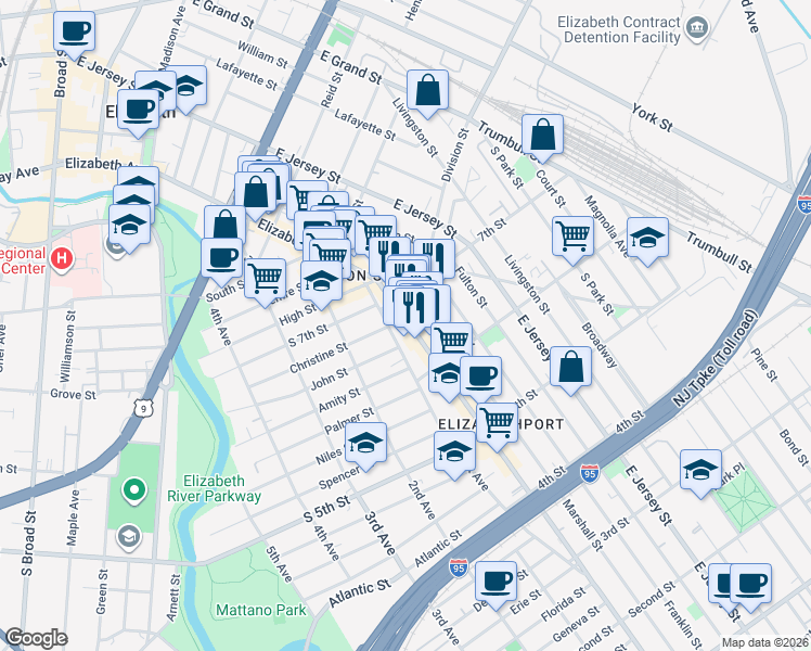 map of restaurants, bars, coffee shops, grocery stores, and more near 638 Marshall Street in Elizabeth