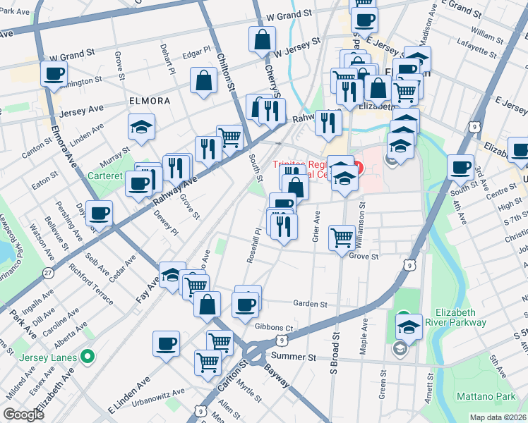 map of restaurants, bars, coffee shops, grocery stores, and more near 932 South Street in Elizabeth
