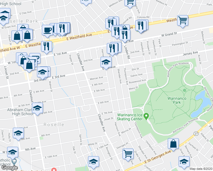map of restaurants, bars, coffee shops, grocery stores, and more near 450 East 4th Avenue in Roselle