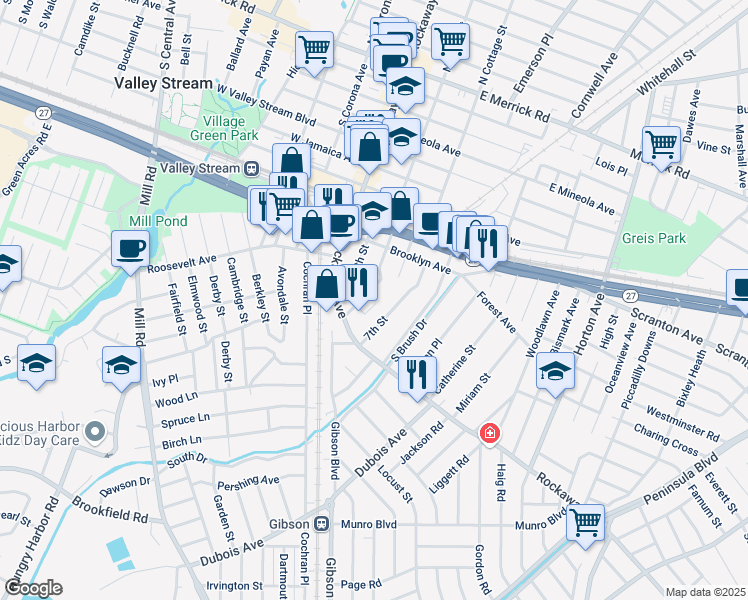 map of restaurants, bars, coffee shops, grocery stores, and more near 28 5th Street in Valley Stream