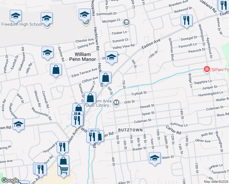map of restaurants, bars, coffee shops, grocery stores, and more near 2855 7th Street in Bethlehem